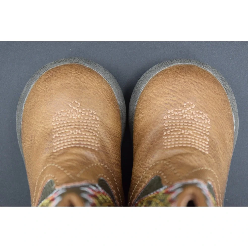 Roper Cowboy Boots Kids Size 3 Brown Olive Green Good Lightning Bolt Western